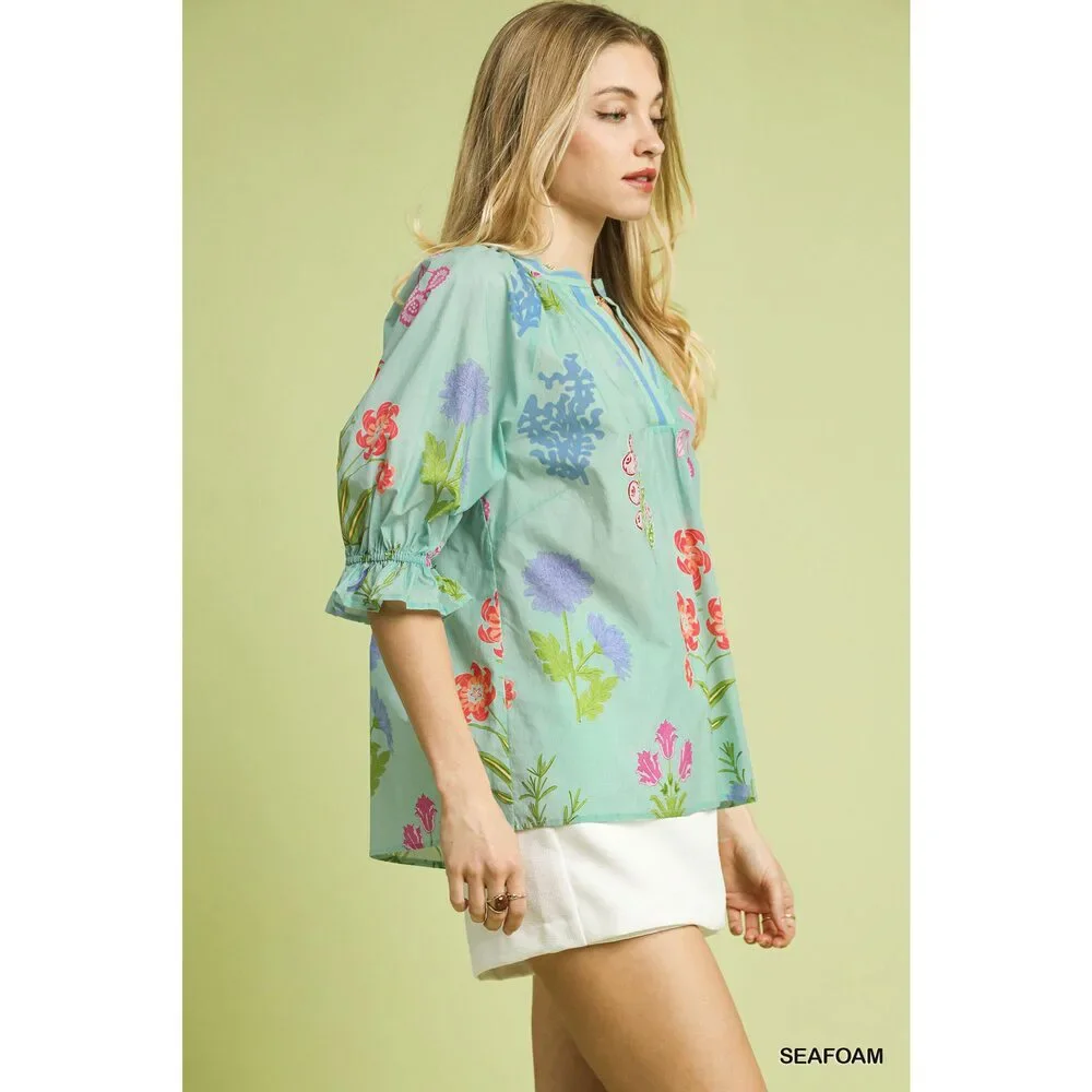 Umgee Floral Split Neck Puff Sleeve Top - Picture 2 of 5